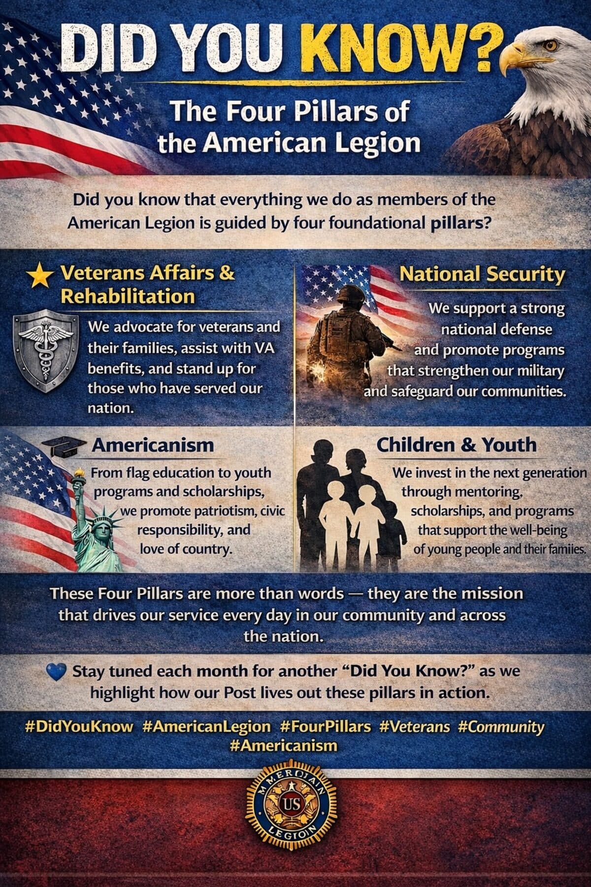Educational infographic on the Four Pillars of the American Legion